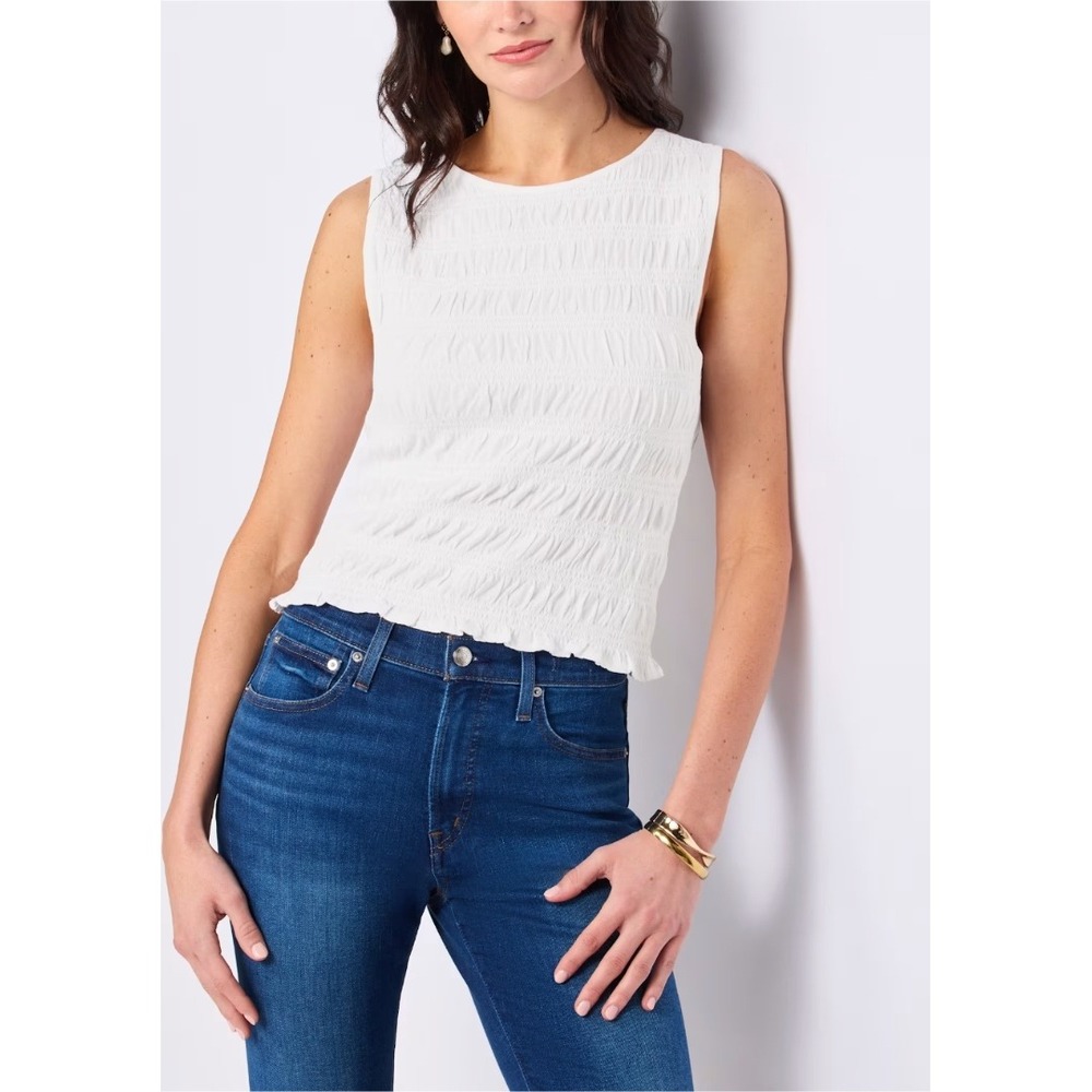Madewell White Smocked Sleeveless Crew Neck Top Lettuce Hem XL NWT